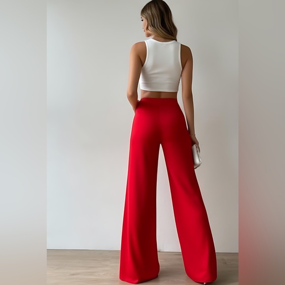 Red High Waist Wide Leg Pants - Picture 4 of 8
